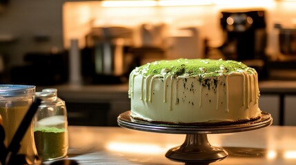 Elegant Matcha Cake with Cream Topping and Decorative Drizzle
