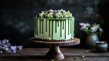 Elegant Matcha Cake with Creamy Frosting and Decorative Toppings
