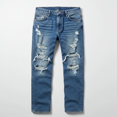 blue ripped jeans flat lay on white background