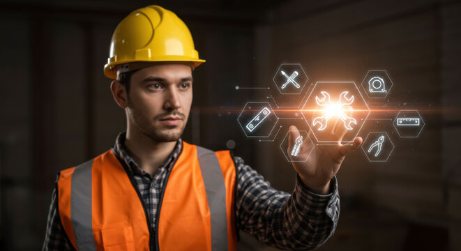 Engineer in safety helmet and vest interacting with virtual tools on screen. Construction industry concept. Smart technology for maintenance and repair. - Powered by Adobe