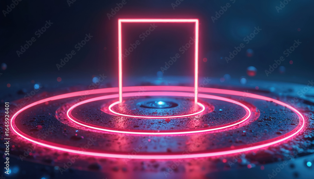 Poster abstract illustration features glowing neon red square frame over concentric circles on dark texture