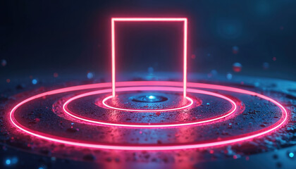 Abstract illustration features glowing neon red square frame over concentric circles on dark textured surface. Blue, red bokeh lights add depth to modern, tech-inspired graphic. Design evokes themes