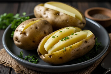 Classic Baked Jacket Potatoes with Butter on a Rustic Plate