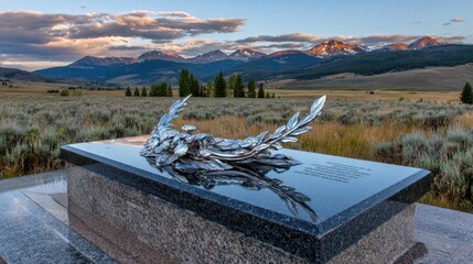 Elegant Memorial Sculpture Against Majestic Mountain Landscape