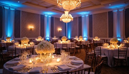Elegant event venue set for special occasion, featuring round tables adorned with luxurious white floral centerpieces, warm candlelight. Banquet hall boasts sophisticated ambiance with plush seating,
