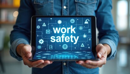 Person holds tablet displaying work safety icons, text. Educational content promotes workplace awareness protection, industrial monitoring, risk management. Technology supports safety standards,