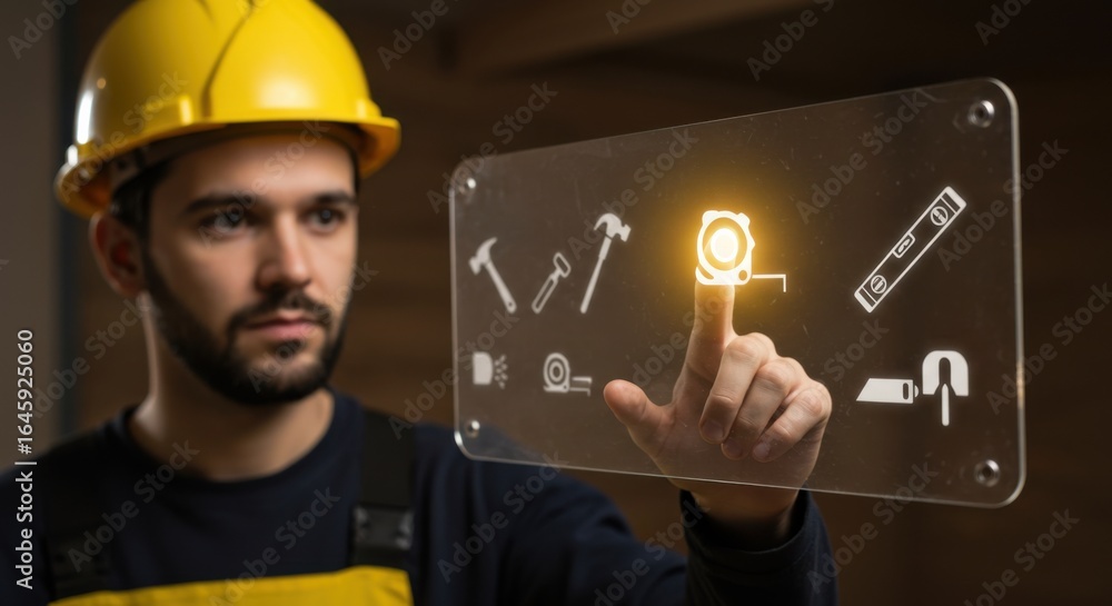 Aufkleber man construction worker pressing glowing icon on transparent screen. builder using virtual interface