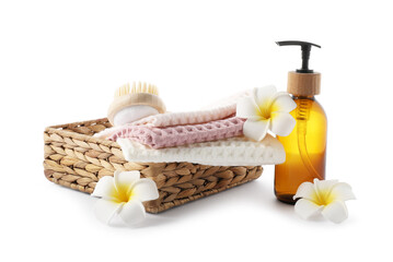 Spa composition with waffle towels and cosmetic product isolated on white
