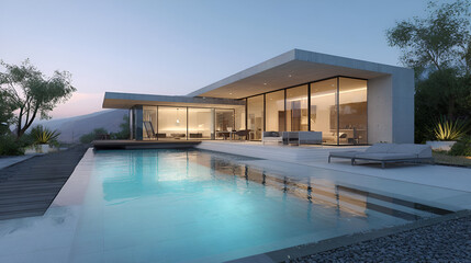 Modern Minimalist Concrete House with Infinity Pool at Sunset