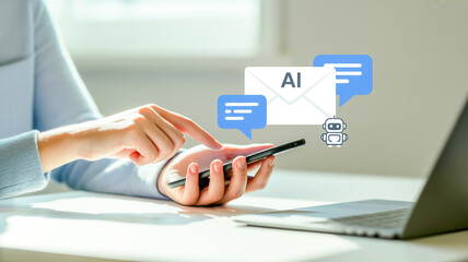 A close-up photograph of hands interacting with a smartphone on a desk.