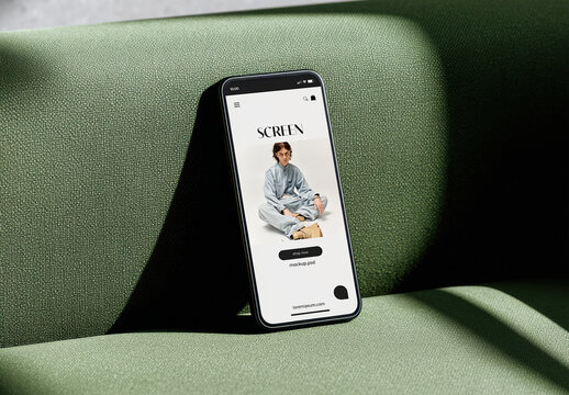 Smartphone Screen Mockup on Green Sofa