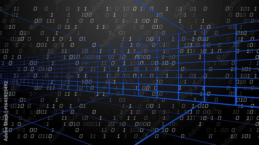 Poster start binary code appearing and streaming toward viewer inside expanding 3d grid showing data flow