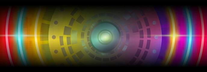 Colorful futuristic background featuring circular HUD patterns in neon gradient tones. Ideal for tech, sci-fi, and digital interface designs.