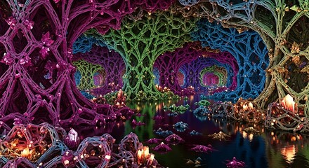 Abstract fractal landscape featuring colorful, interconnected tree-like structures and glowing elements, creating a surreal and intricate scene.