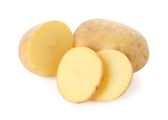 Whole and cut potatoes isolated on white