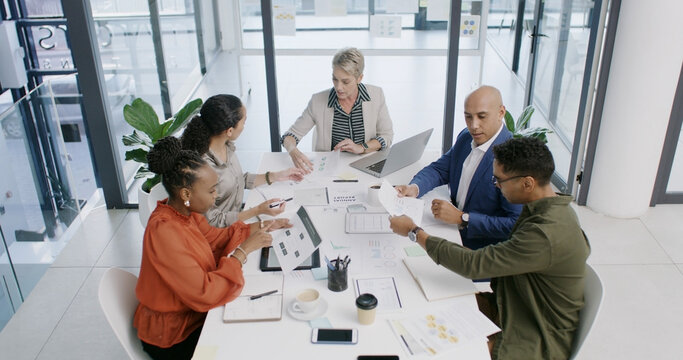 Meeting, team and business people with chart for discussion, financial analysis and above document. Group, office and planning for investment review, risk management and budget report with data