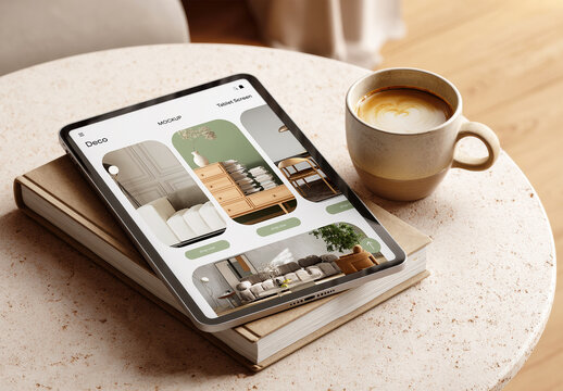 Tablet Screen Mockup with Coffee Cup on Round Table