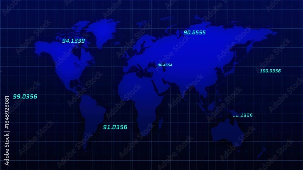 Aufkleber camera rotating digital world map flattening 3d grid while fading labels and refreshing data