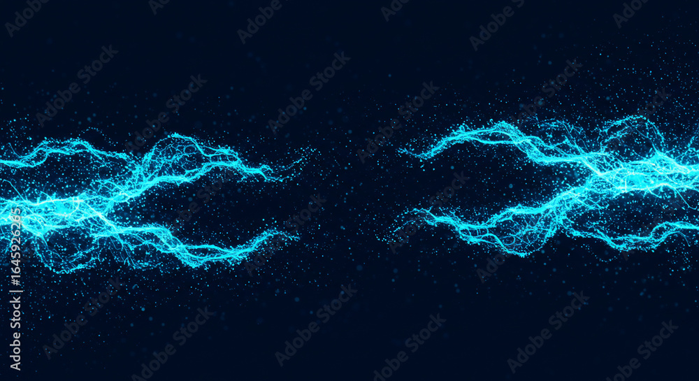Poster abstract blue energy streams flow from opposite sides, meeting in the center against a dark blue bac