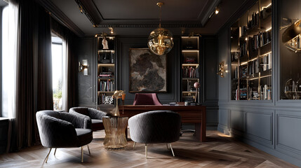 Dark Gray And Gold Luxury Home Office Interior Design