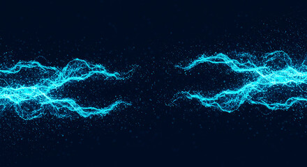 Abstract blue energy streams flow from opposite sides, meeting in the center against a dark blue background, creating a dynamic visual effect.