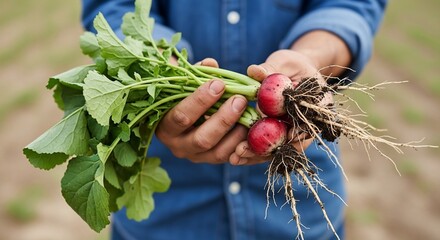 Earthy Harvest: Farmer's Hands Holding Vibrant Radishes with Soil and Roots