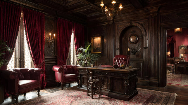 Dark Wood Paneled Study with Burgundy Accents