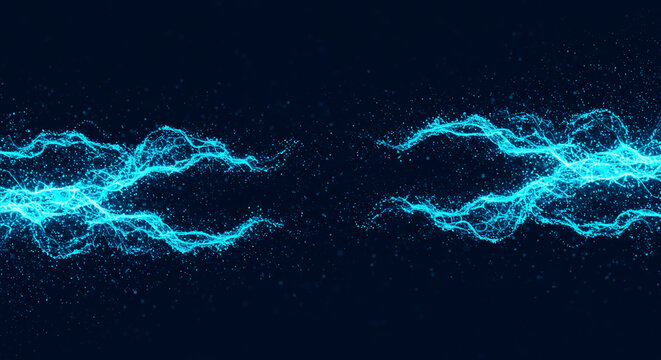 Abstract blue energy streams flow from opposite sides, meeting in the center against a dark blue background, creating a dynamic visual effect.