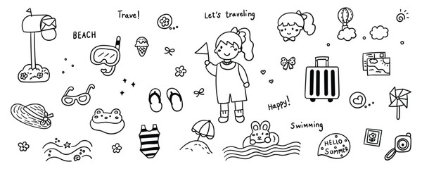 Hand drawn travel and vacation element line doodle concept set. Illustration vector design.