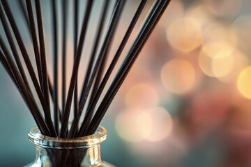 Aroma Diffuser with Black Reeds in Glass Bottle, Bokeh Background