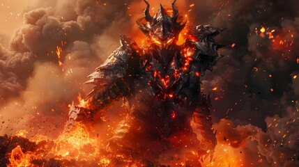 Fiery demon emerging from volcanic eruption in hellish landscape