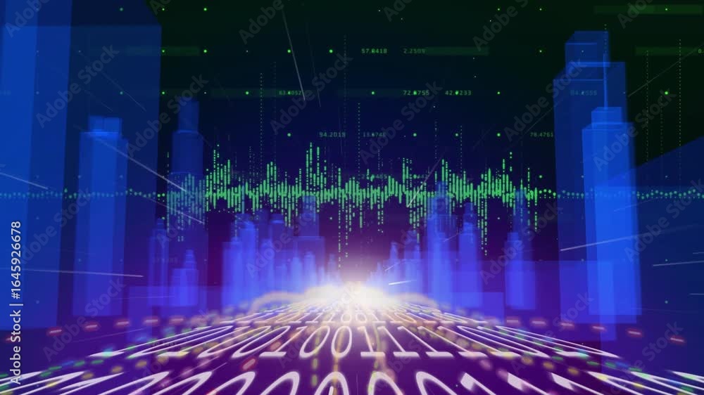 Poster binary digits scrolling on binary plane, bars rising, waveform pulsing to visualize dynamic data