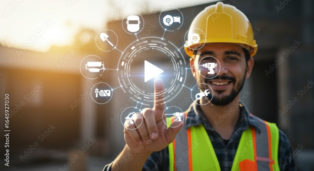 Aufkleber smiling man engineer in hard hat touching virtual play button with construction tool icons. digital 