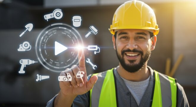 Smiling male construction worker touching a virtual screen with tool icons. Concept of modern building industry and digital technology in labor.