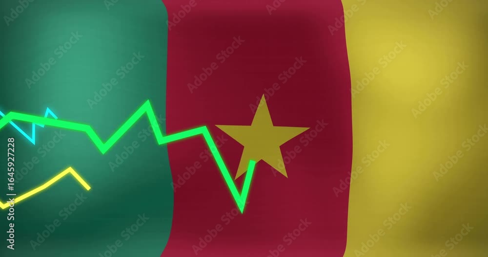 Poster fluttering cameroon flag starting neon tricolor graph lines oscillating and extending, tracing data