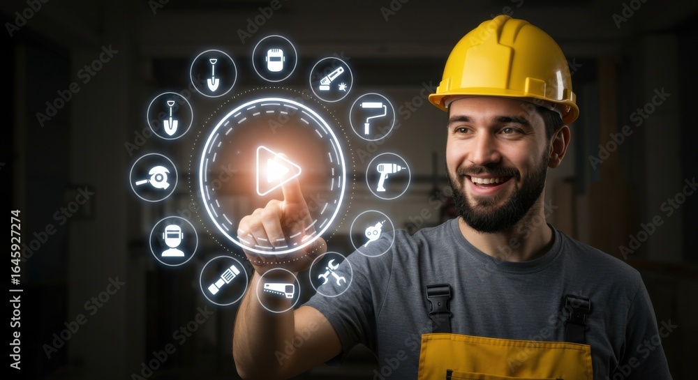 Aufkleber smiling man engineer touching virtual interface with construction tools. worker selecting options fo