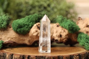 Aura. Beautiful crystal and driftwood with moss on stump