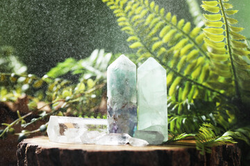 Aura. Beautiful crystals on stump and green plants outdoors