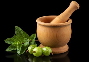 Herbal Remedy Fresh Mint and Gooseberries with a Mortar and Pestle