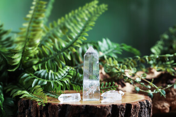 Aura. Beautiful crystals on stump and green plants against blurred background