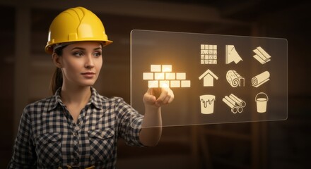 A woman in a yellow hard hat touching a virtual screen with construction material icons. Future of building and engineering concept.