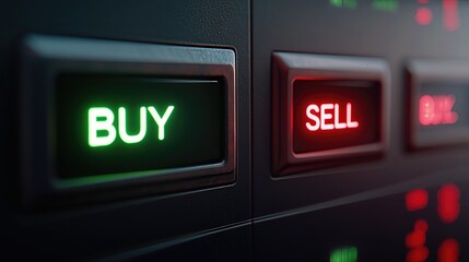 Illuminated Buy and Sell Buttons on a trading interface Close-Up Shot. Futuristic Trading Interface