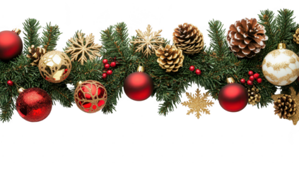 Christmas garland with pinecones, red and gold ornaments, and snowflakes isolated on transparent background