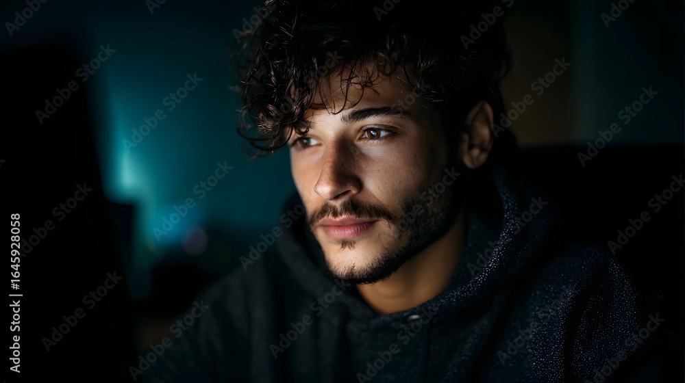 Poster focused young man learning code on computer with digital lighting