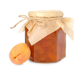 Tasty apricot jam in jar and fresh fruit isolated on white