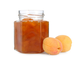 Tasty apricot jam in jar and fresh fruits isolated on white