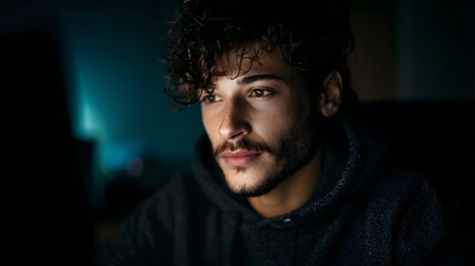 Focused young man learning code on computer with digital lighting