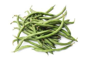 Pile of fresh pea pods isolated on white, above view