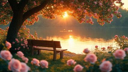 A peaceful wooden bench nestled beneath a blooming arch of pink roses, overlooking a tranquil lake at sunset. The warm golden sunlight reflects on the calm water, casting a magical glow over the scene