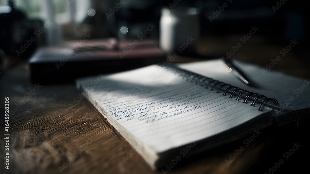 Poster a notebook with handwritten notes on a desk with focused lighting